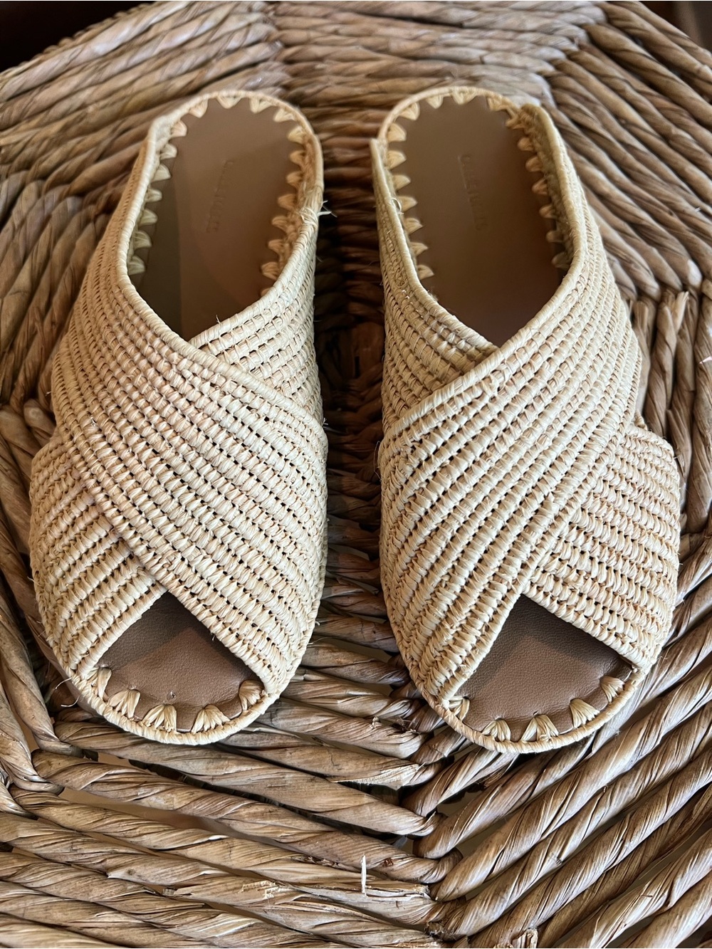 Carrie Forbes Arielle Woven Crisscross Slide Mules in Natural Beige